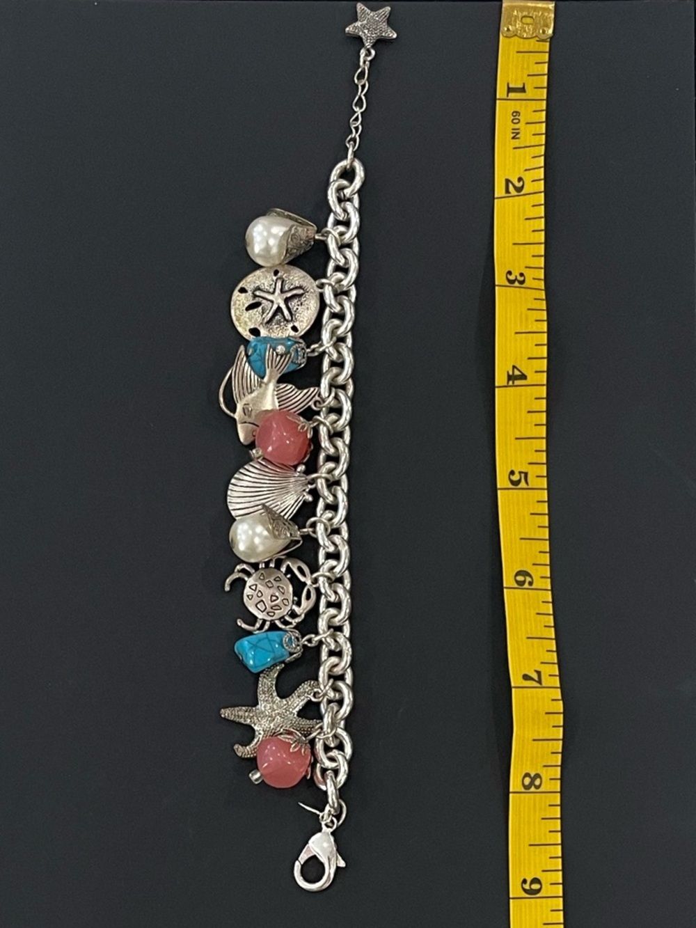 Avon Silver-Tone Beach Charm Bracelet with Coral Pink & Turquoise Blue Accents - Picture 3 of 4